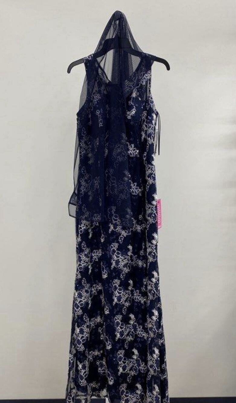 Alex Evenings Long Rosette Sequin Mother of Bride Dress Blue scarf Med 8 36x59